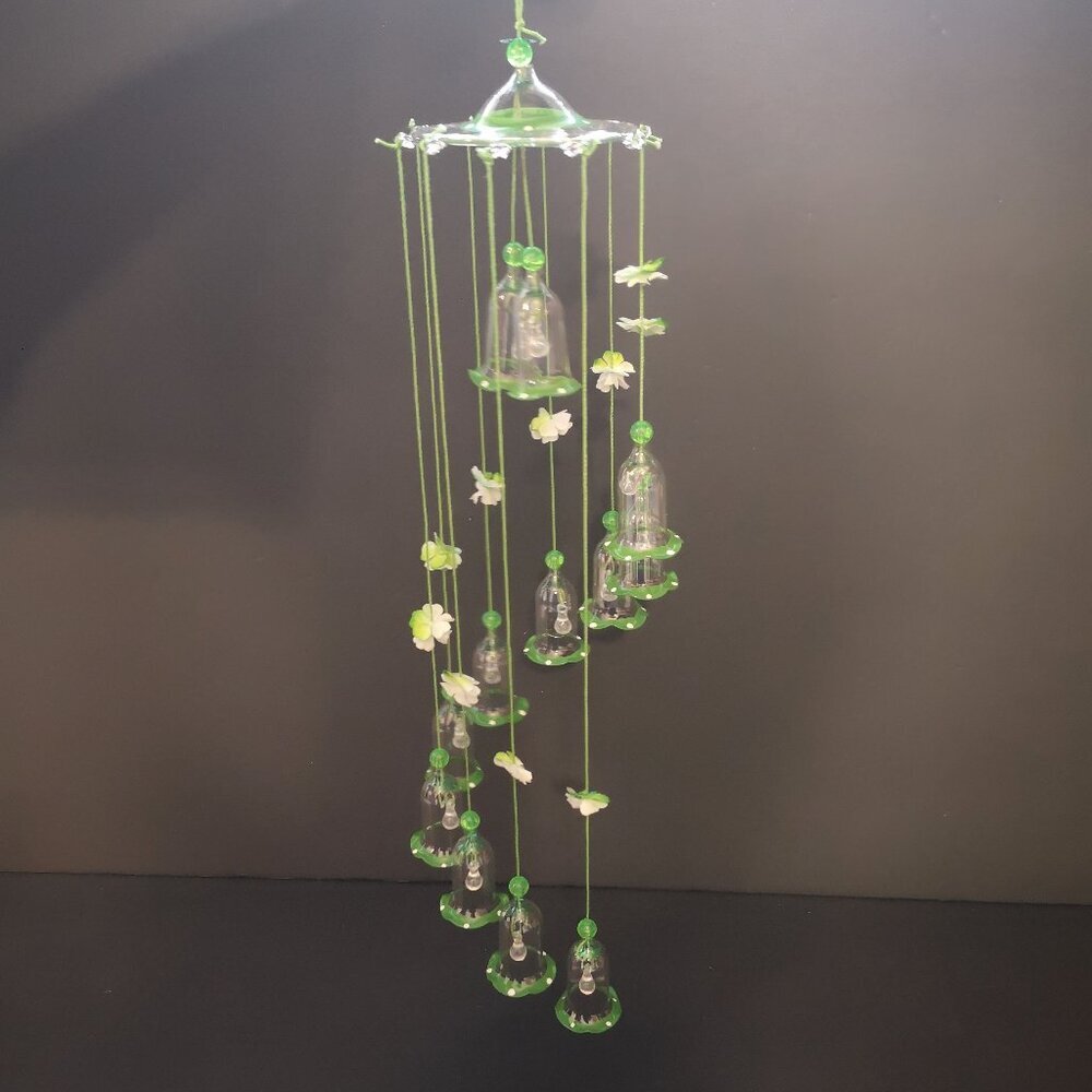 NIP Made in Taiwan Tiny Bell Shaped Windchime Clear Glass w/ Green Accents